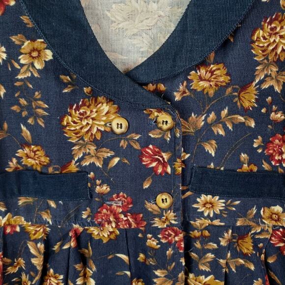 VTG 90's Capacity Jumper Dress Small Navy Blue Red Floral Midi Corduroy V Neck - Picture 4 of 9